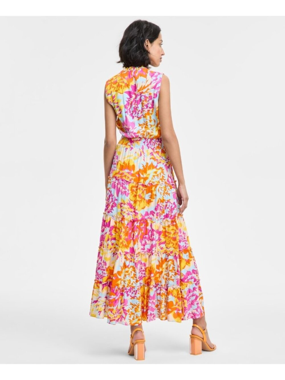 MSK Women's Rayon Floral Ruffle-Collar Tiered Maxi Dress Pink Orange Size L $79 - Picture 5 of 6